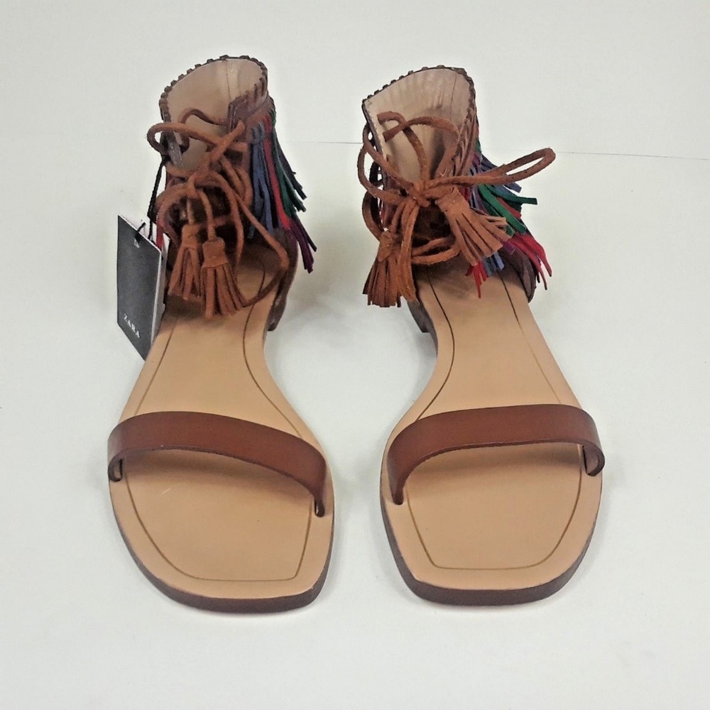 New Zara Leather Boho Summer Fringe Tassel 7.5 - Picture 6 of 8